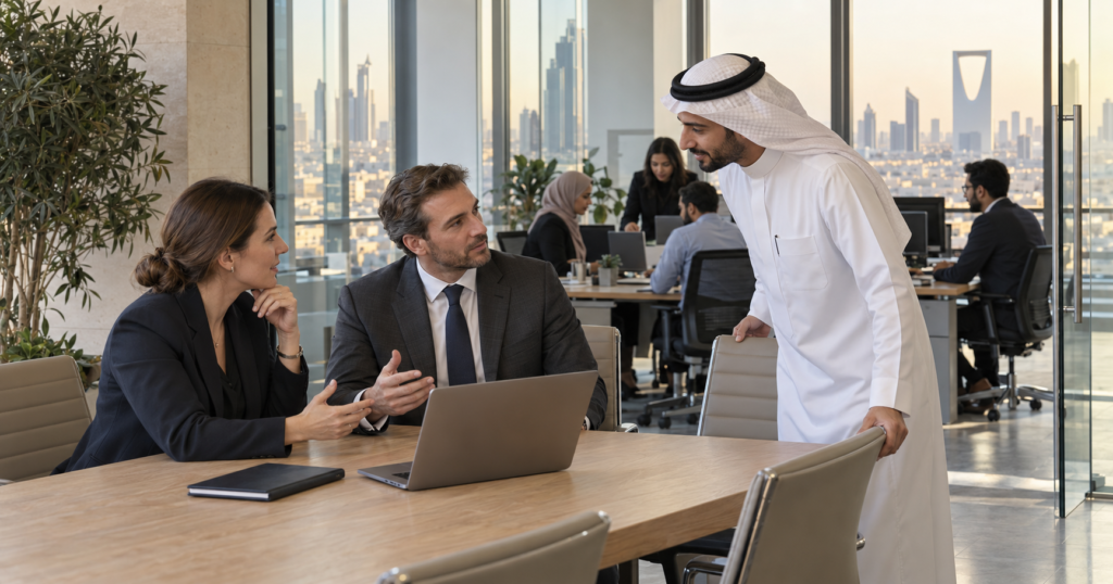 Saudi business adviser meets with two executives in a Riyadh office, with colleagues working nearby.